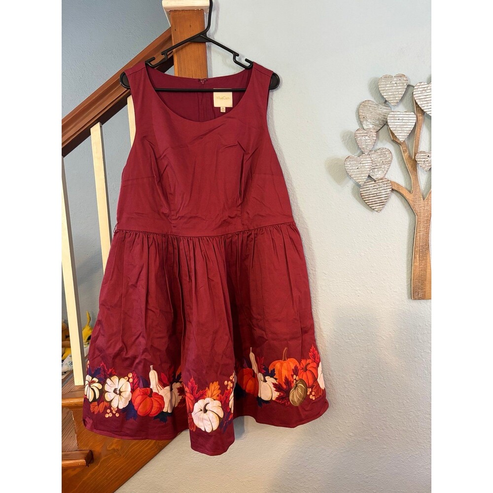 ModCloth Fit & Flare Dress 1X 2X Pumpkin Harvest Print Burgundy Lined Pockets